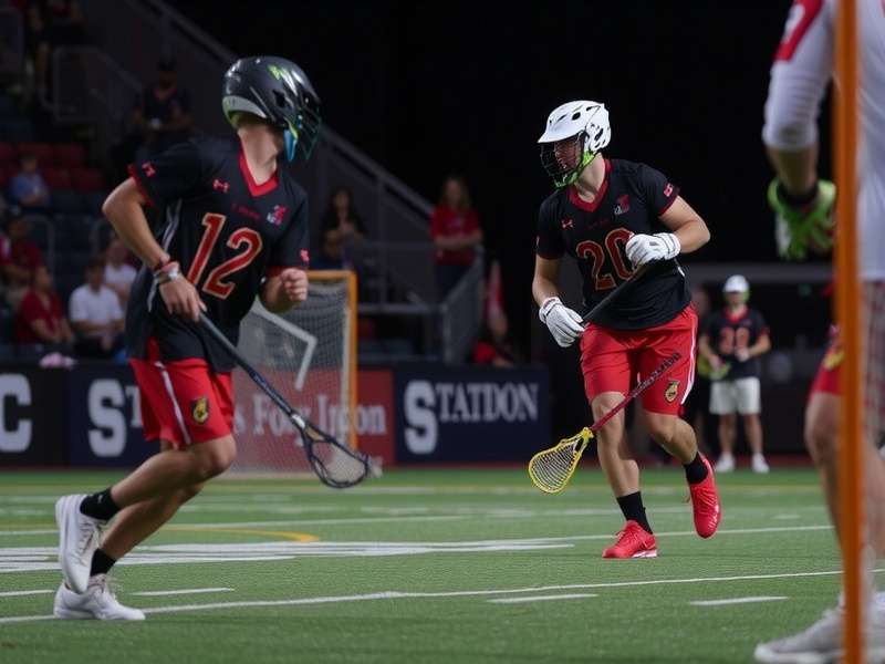 Lacrosse player executing a tight inside finish past a goalkeeper