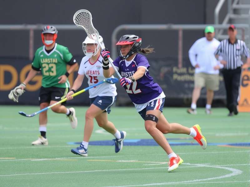 Lacrosse player in action during a high-intensity match, showcasing stick handling and agility