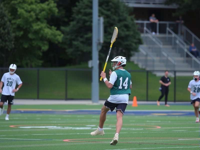 Dynamic action shot of a lacrosse player scoring during a summer tournament, showcasing intensity and skill.