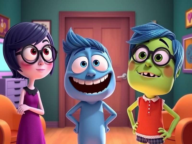 Inside Out characters Joy, Sadness, Anger, Fear, and Disgust looking at mirror versions of themselves