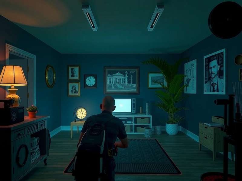 Inside video game atmospheric scene with dark tones and a lone character