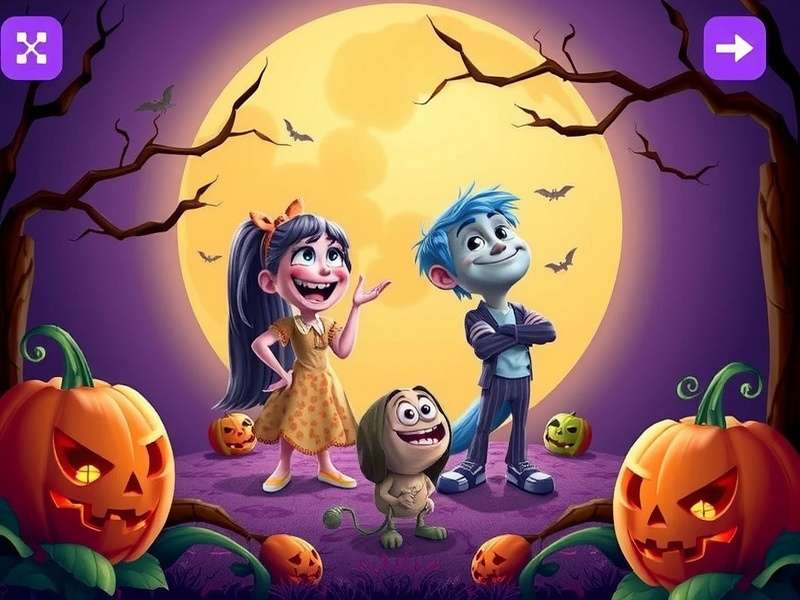 Inside Out Characters Halloween group illustration with Joy, Sadness, Anger, Fear, Disgust and Anxiety in Halloween costumes