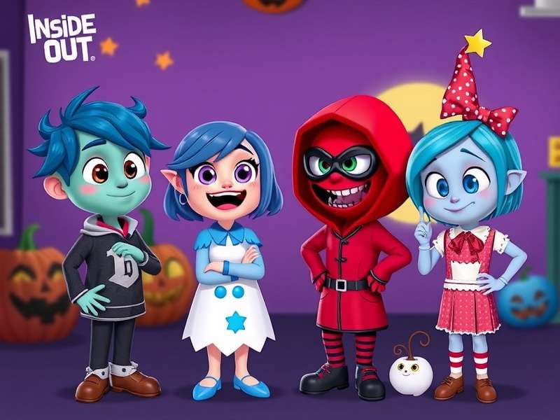 Inside Out characters dressed in Halloween costumes — Joy, Sadness, Anger, Fear and Disgust