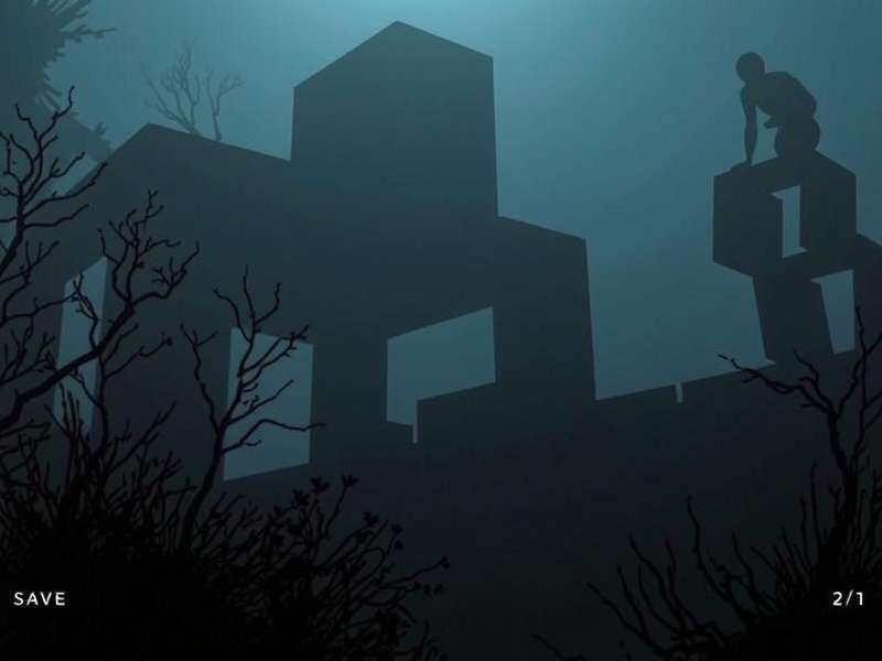 Inside game atmospheric scene with Playdead signature style — dark silhouette, yellow and orange glow